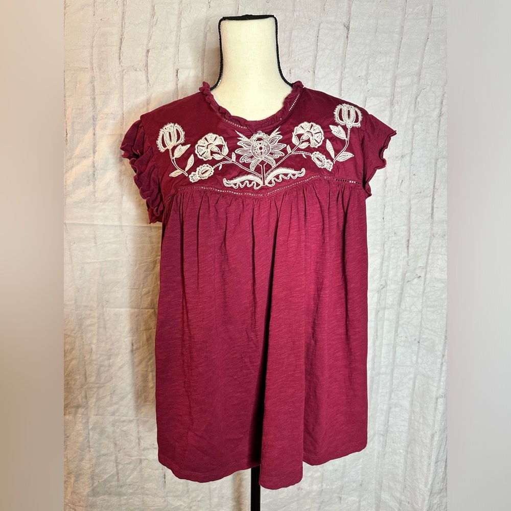 Knox Rose Embroidered Tie Back Top - burgundy - Size XL (fits XXL)